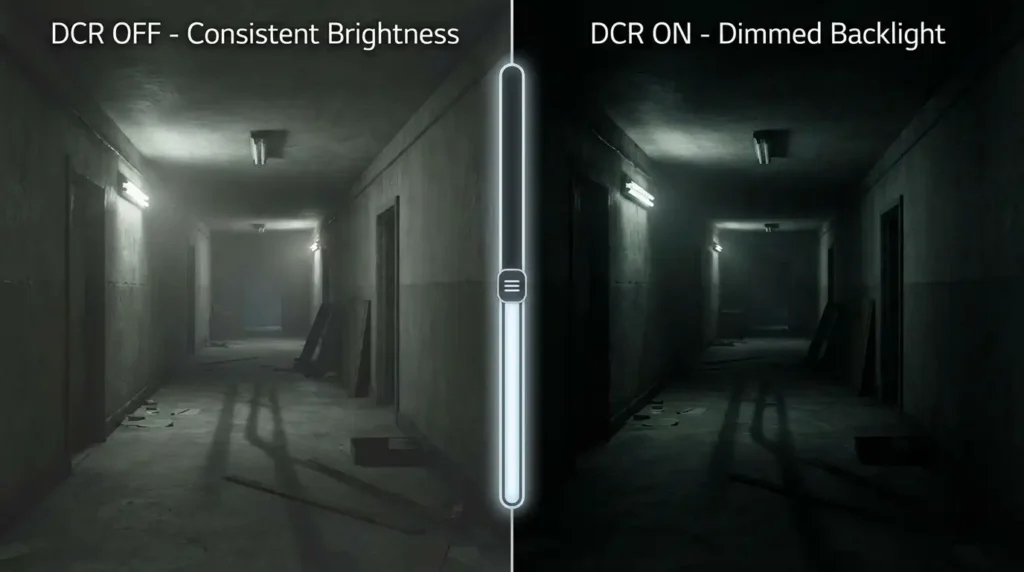 Before and after comparison showing DCR effect on dark gaming scenes