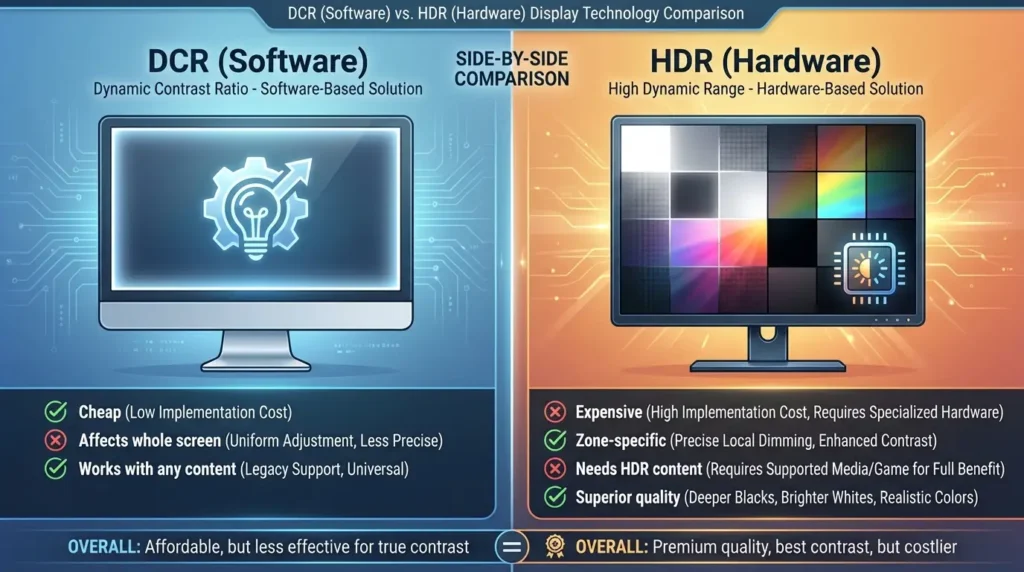 DCR vs HDR technology comparison infographic showing key differences