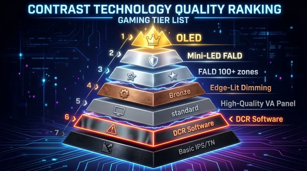 Monitor contrast technology tier list ranking OLED, HDR, FALD, and DCR
