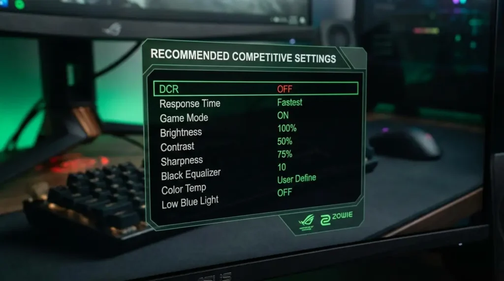 Recommended gaming monitor settings with DCR disabled for competitive play