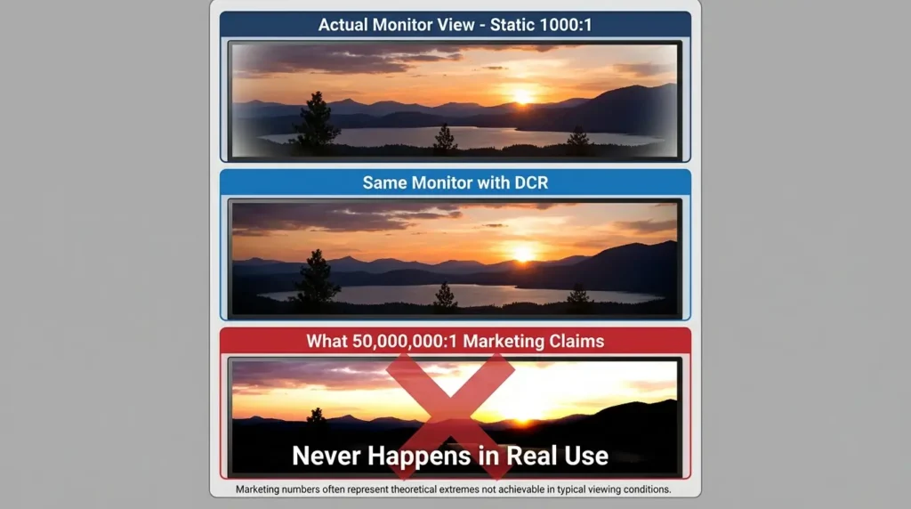 Static contrast vs dynamic contrast ratio comparison showing marketing vs reality